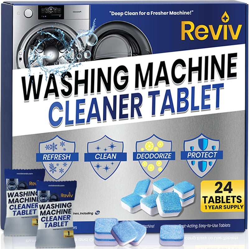REVIV Washing Machine Cleaner Tablets – 24 Count, 12-Month Supply – Deep Cleaning & Odor-Removing Tablets for Front Load, Top Load & HE Washers – Biodegradable, Septic-Safe, Non-Toxic Descaler - Image 1